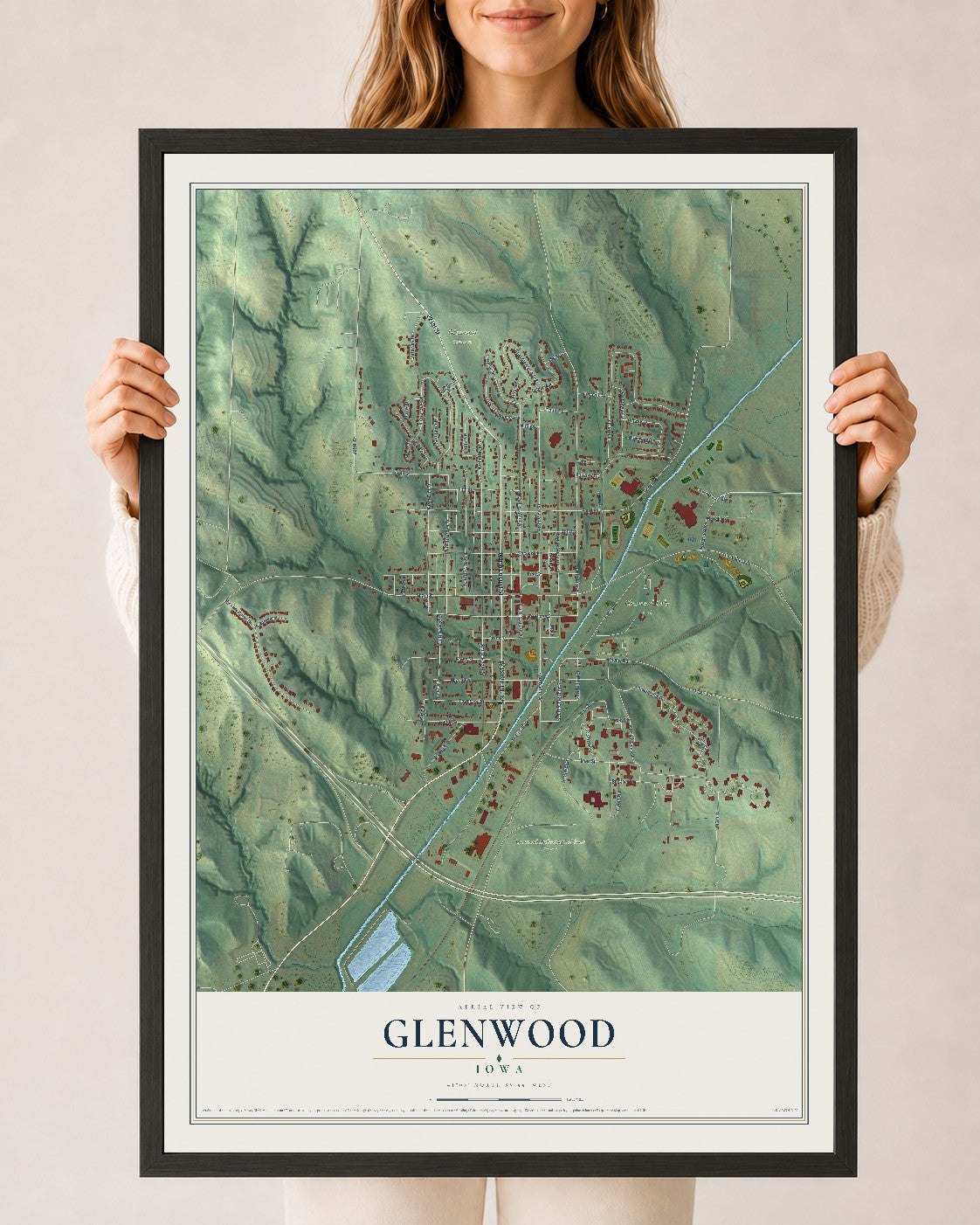 Map of Glenwood, Iowa, 24 x 36 inch print in a black wood frame