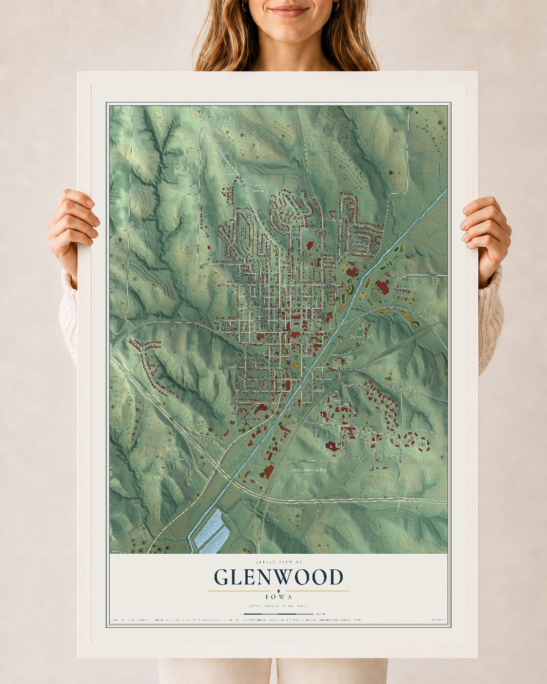 Map of Glenwood, Iowa, 24 x 36 inch print in a white wood frame