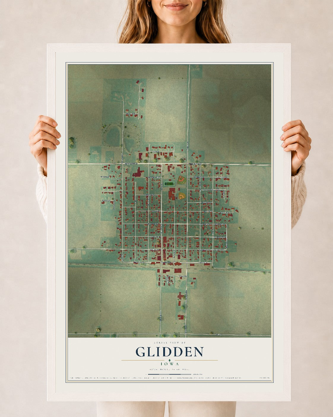 Map of Glidden, Iowa, 24 x 36 inch print in a white wood frame