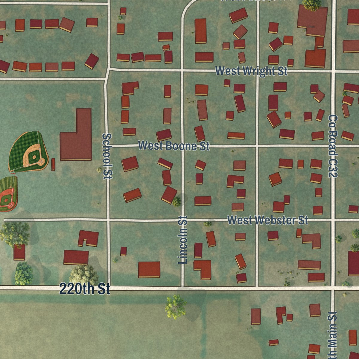Close-up of the map of Goldfield, Iowa print showing street and building detail