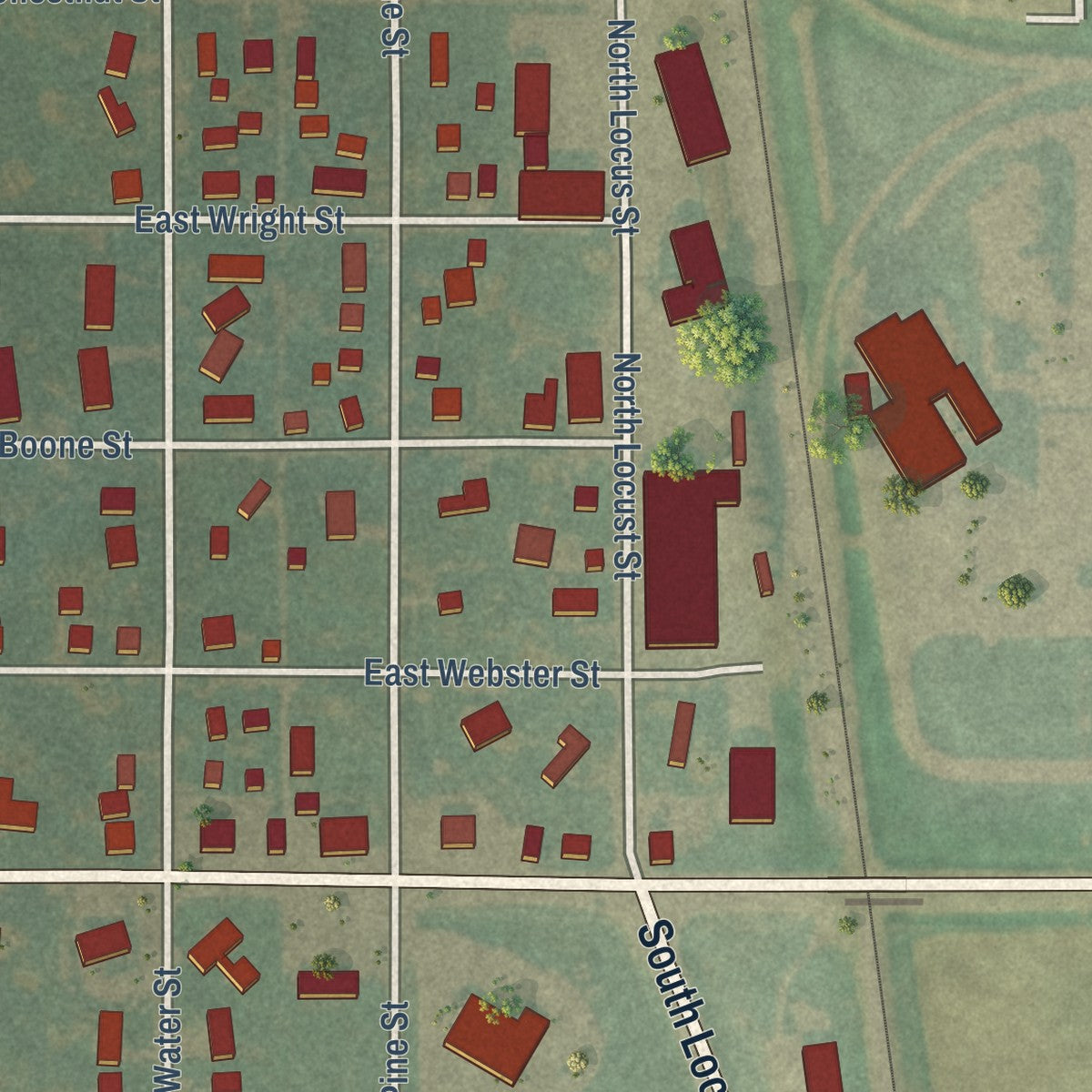 Second close-up of the map of Goldfield, Iowa print showing more streets and buildings