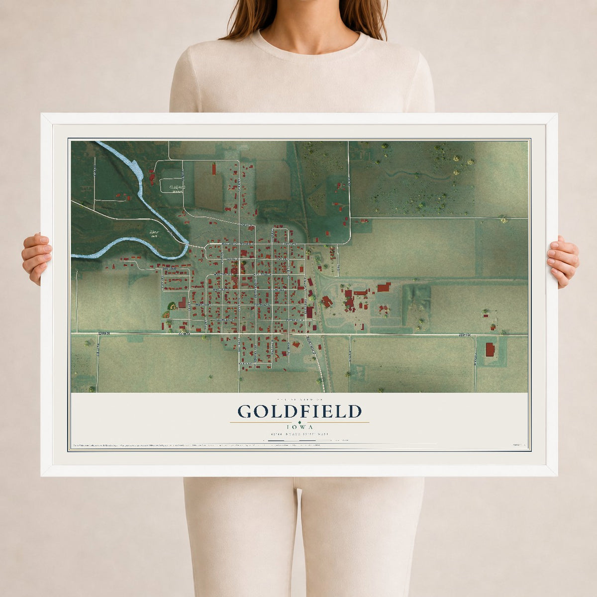 Map of Goldfield, Iowa, 24 x 36 inch print in a white wood frame
