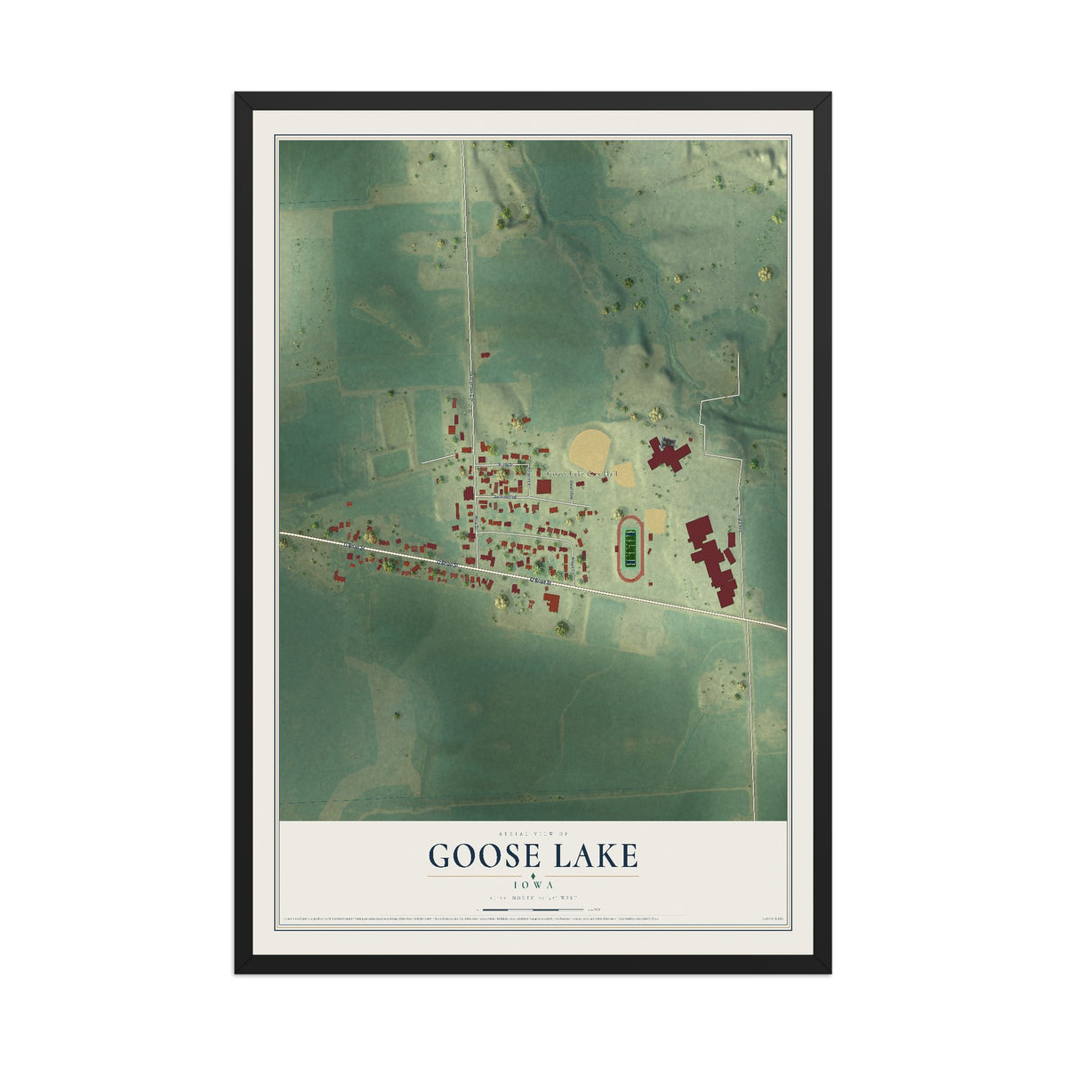 Map of Goose Lake, Iowa, 12 x 18 inch print in a black wood frame