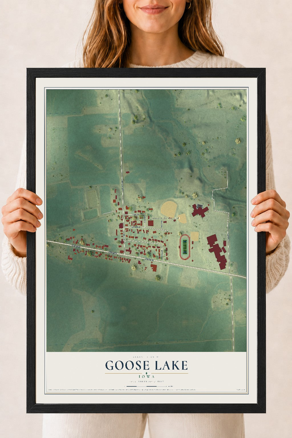 Map of Goose Lake, Iowa, 18 x 24 inch print in a black wood frame