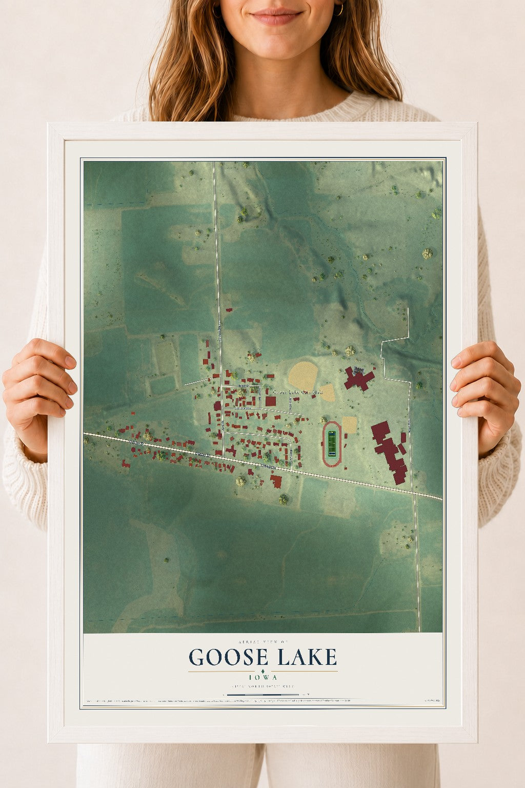 Map of Goose Lake, Iowa, 18 x 24 inch print in a white wood frame