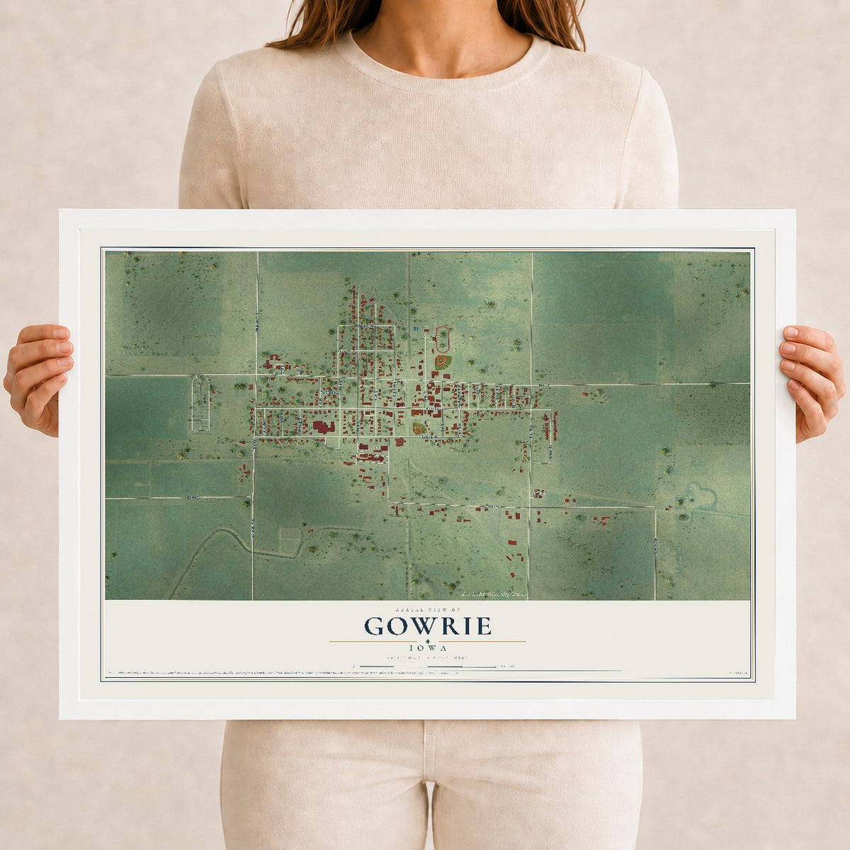 Map of Gowrie, Iowa, 12 x 18 inch print in a white wood frame