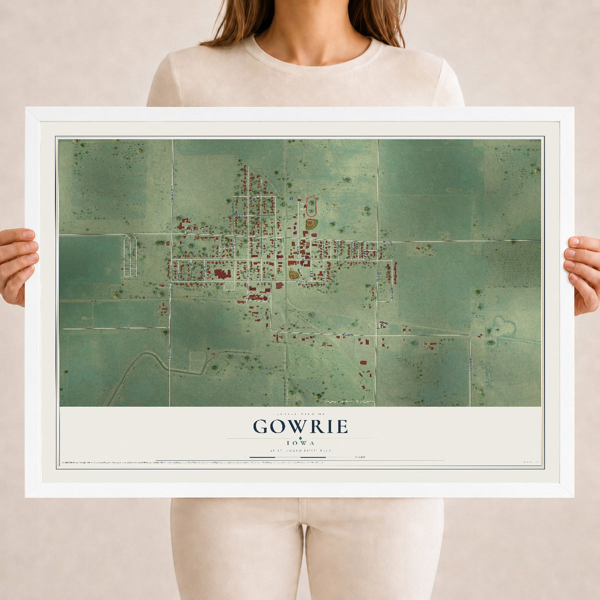 Map of Gowrie, Iowa, 18 x 24 inch print in a white wood frame