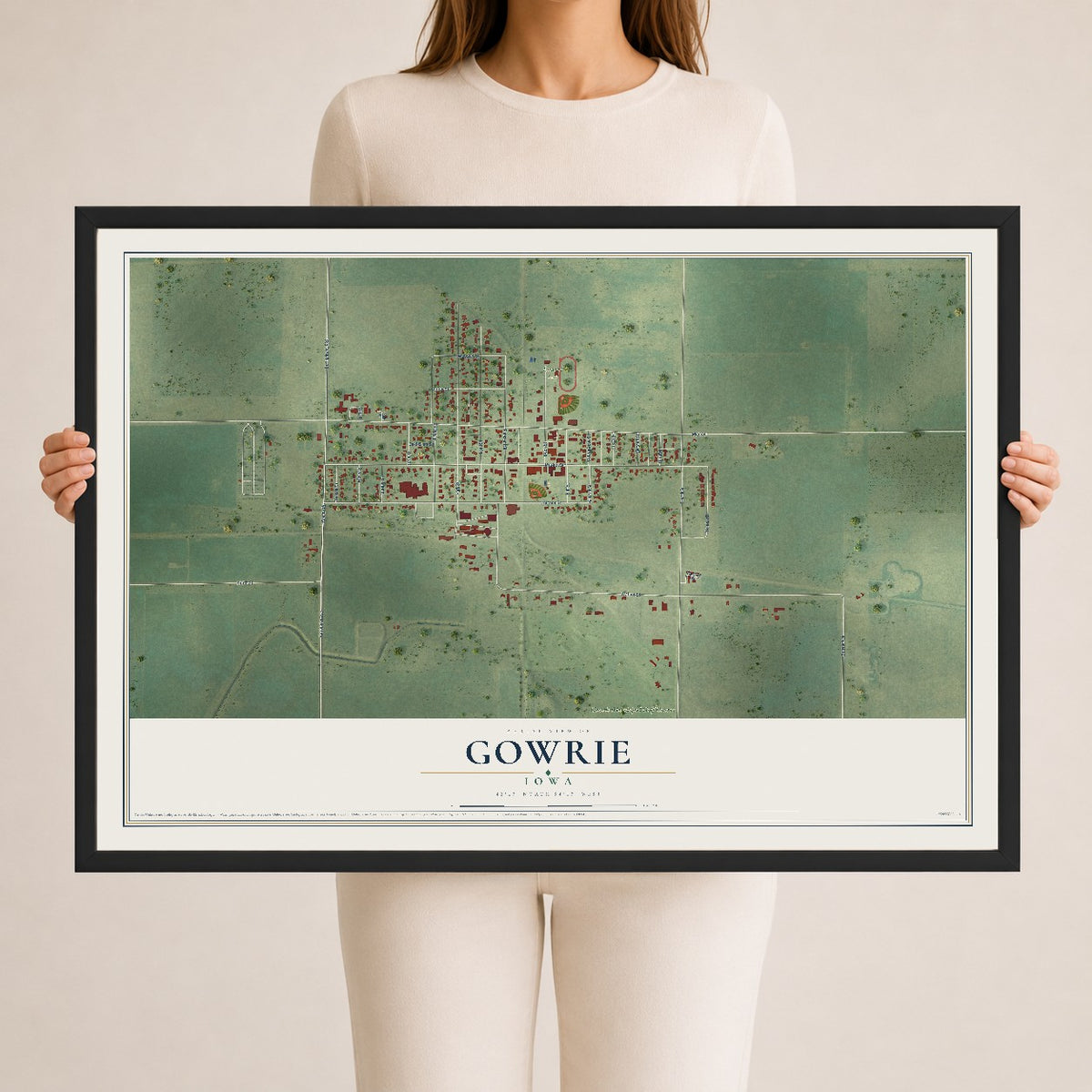 Map of Gowrie, Iowa, 24 x 36 inch print in a black wood frame