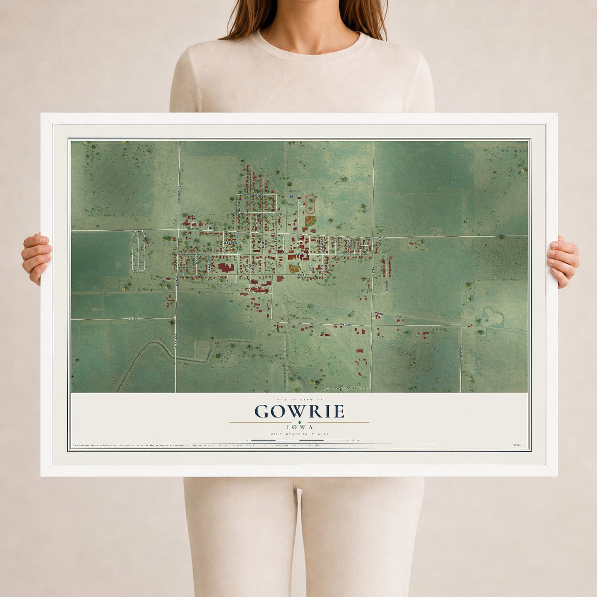 Map of Gowrie, Iowa, 24 x 36 inch print in a white wood frame