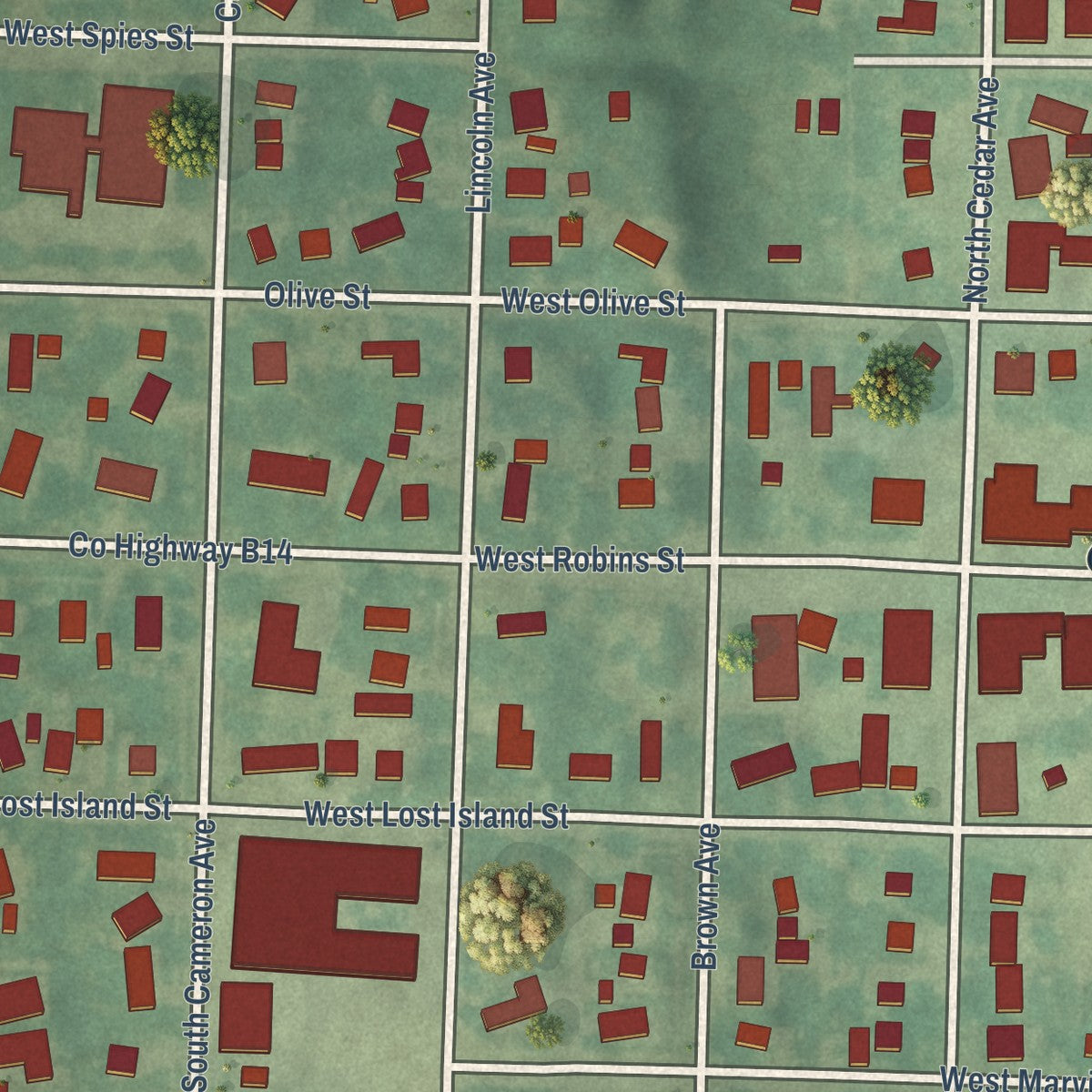 Close-up of the map of Graettinger, Iowa print showing street and building detail