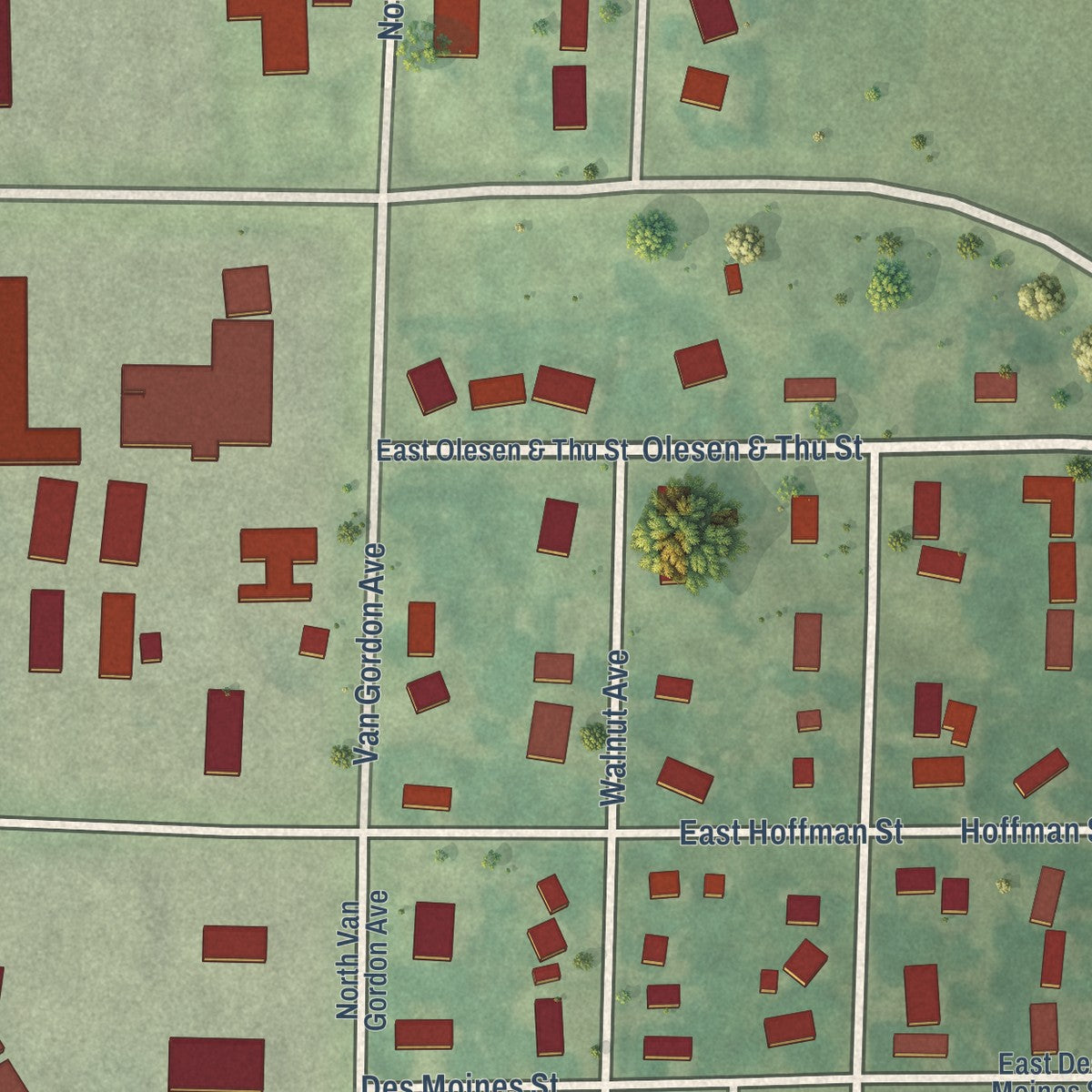 Second close-up of the map of Graettinger, Iowa print showing more streets and buildings