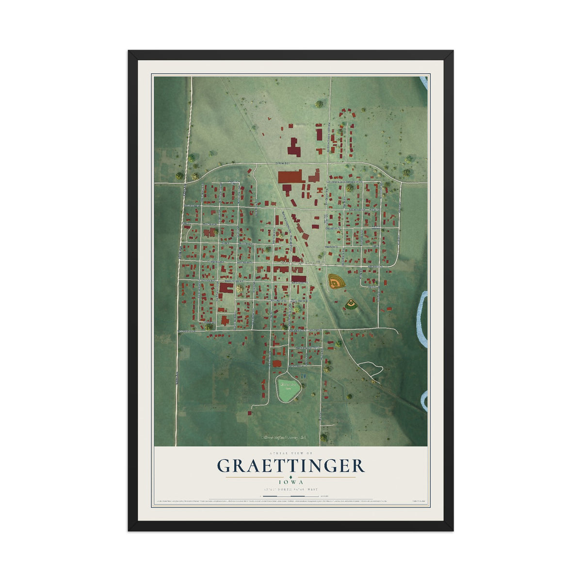 Map of Graettinger, Iowa, 12 x 18 inch print in a black wood frame