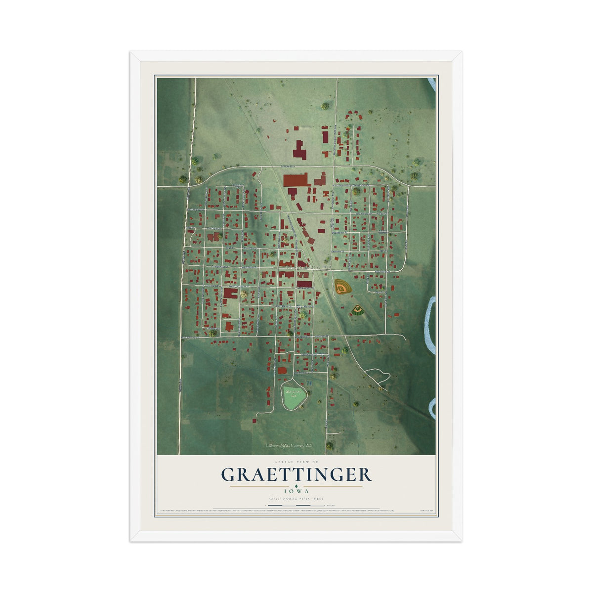 Map of Graettinger, Iowa, 12 x 18 inch print in a white wood frame