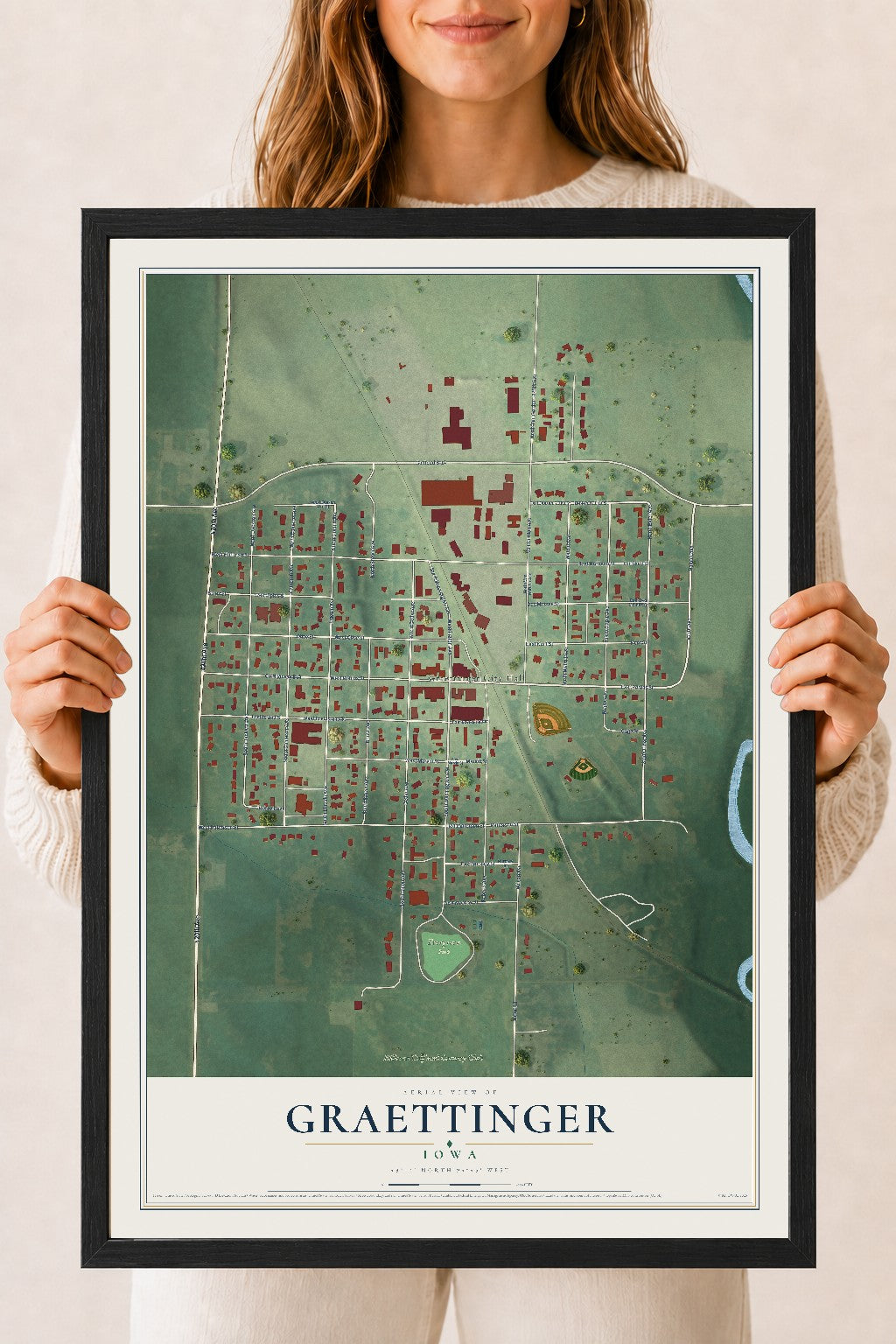 Map of Graettinger, Iowa, 18 x 24 inch print in a black wood frame