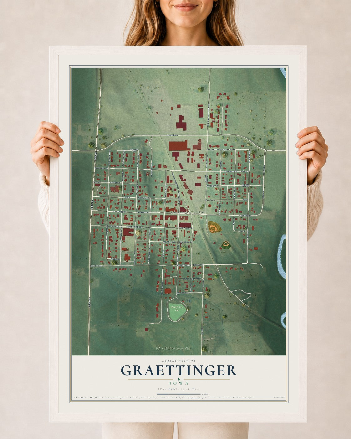 Map of Graettinger, Iowa, 24 x 36 inch print in a white wood frame