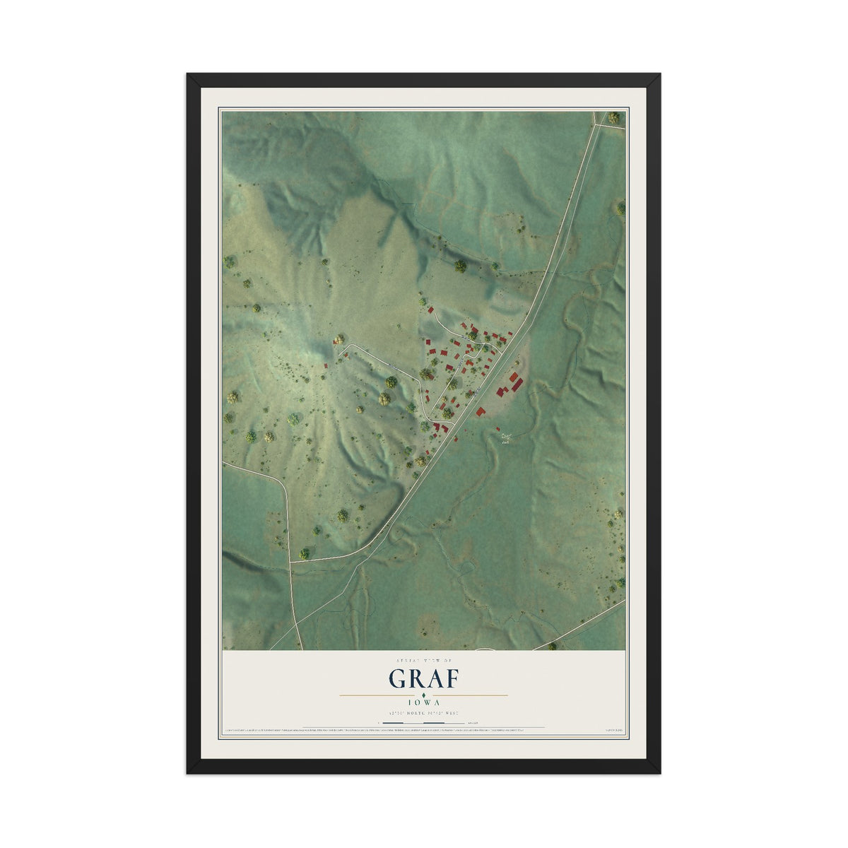 Map of Graf, Iowa, 12 x 18 inch print in a black wood frame