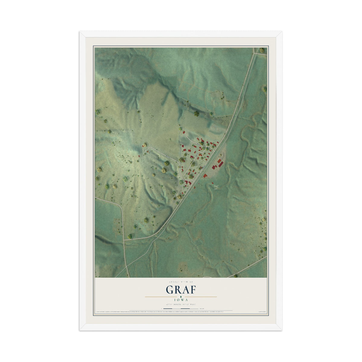Map of Graf, Iowa, 12 x 18 inch print in a white wood frame
