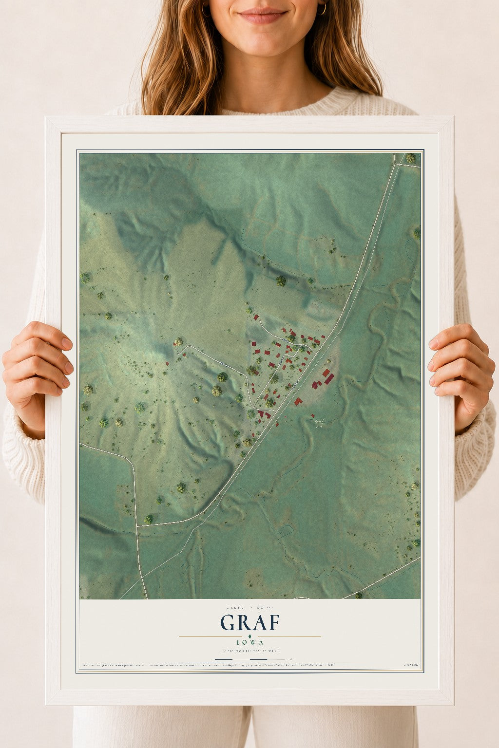 Map of Graf, Iowa, 18 x 24 inch print in a white wood frame