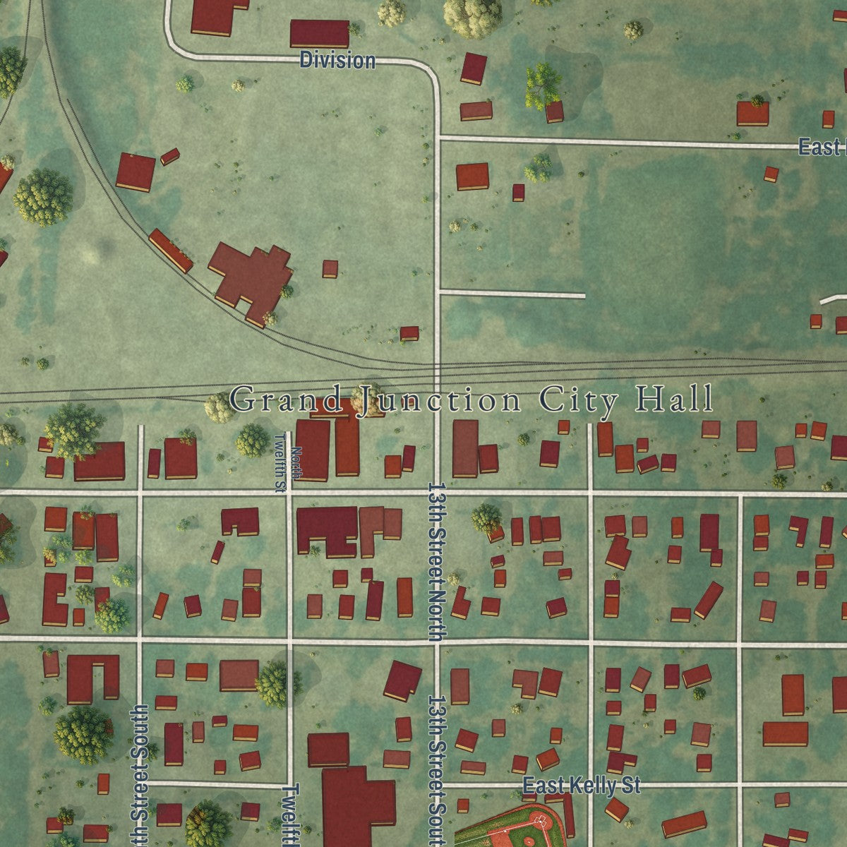 Close-up of the map of Grand Junction, Iowa print showing street and building detail