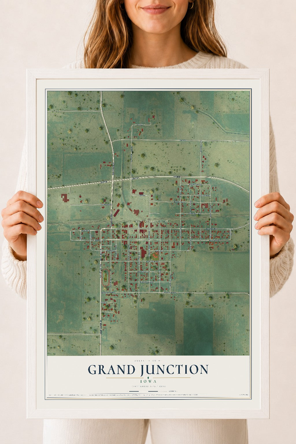 Map of Grand Junction, Iowa, 18 x 24 inch print in a white wood frame