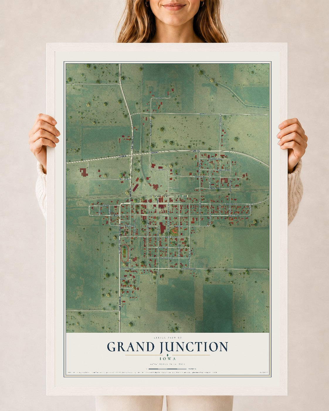 Map of Grand Junction, Iowa, 24 x 36 inch print in a white wood frame