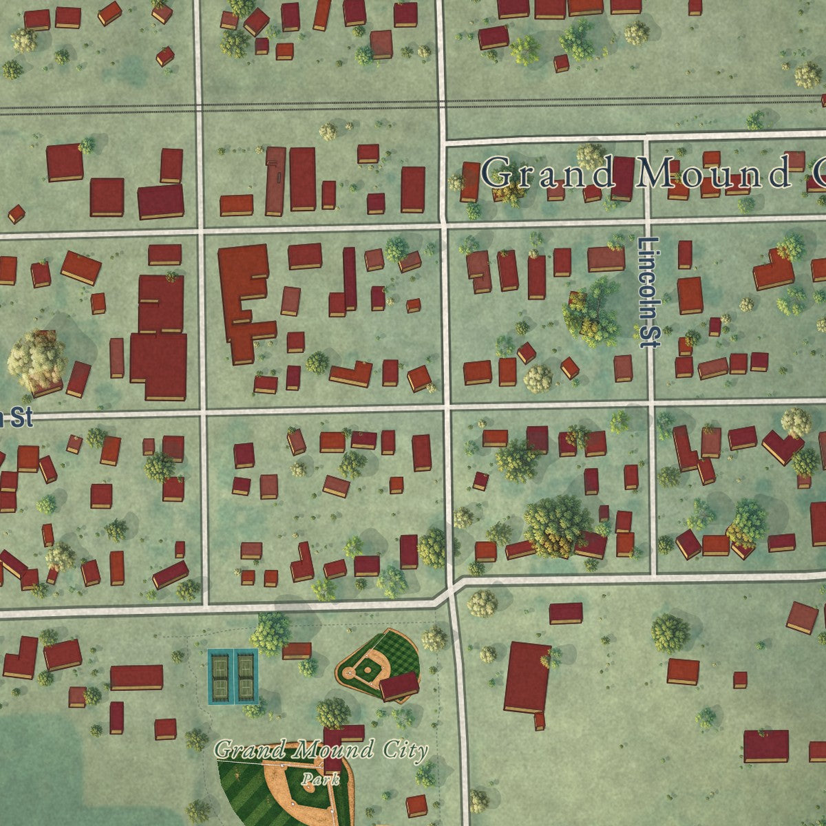 Close-up of the map of Grand Mound, Iowa print showing street and building detail