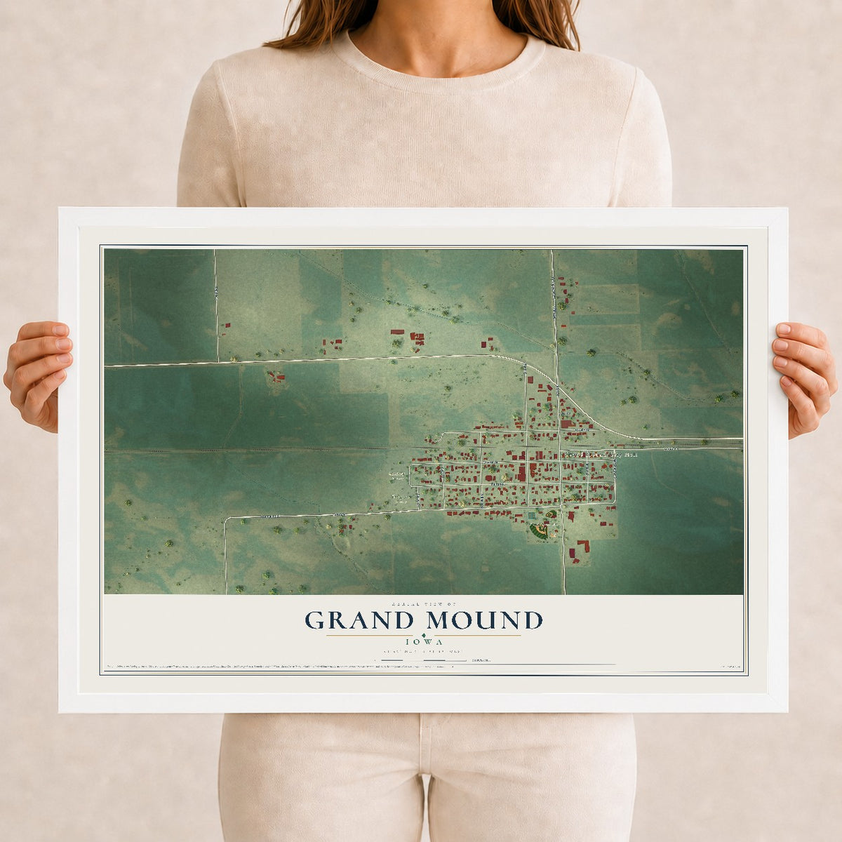 Map of Grand Mound, Iowa, 12 x 18 inch print in a white wood frame