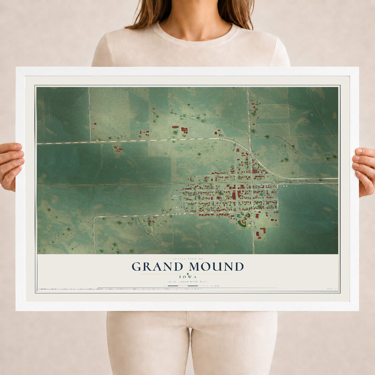 Map of Grand Mound, Iowa, 18 x 24 inch print in a white wood frame