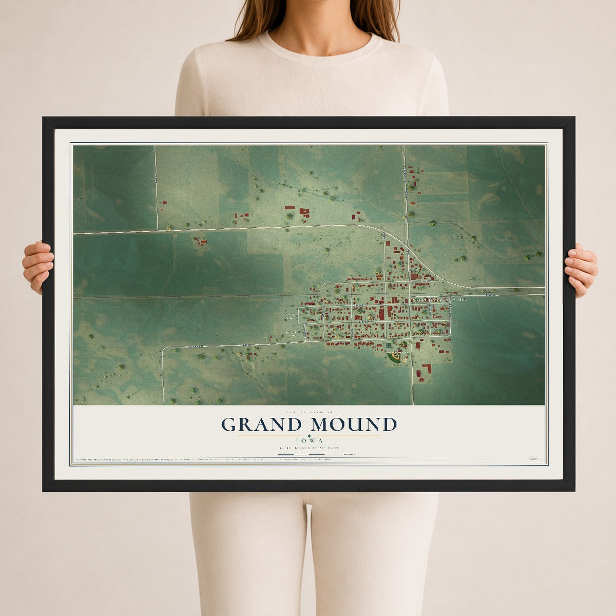 Map of Grand Mound, Iowa, 24 x 36 inch print in a black wood frame