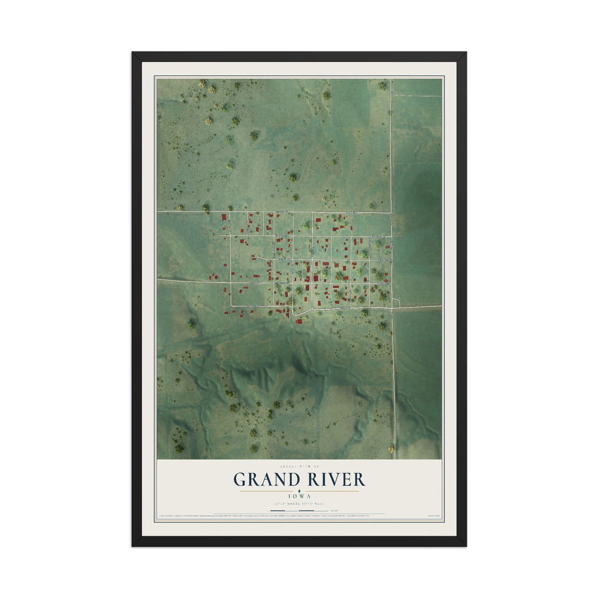 Map of Grand River, Iowa, 12 x 18 inch print in a black wood frame