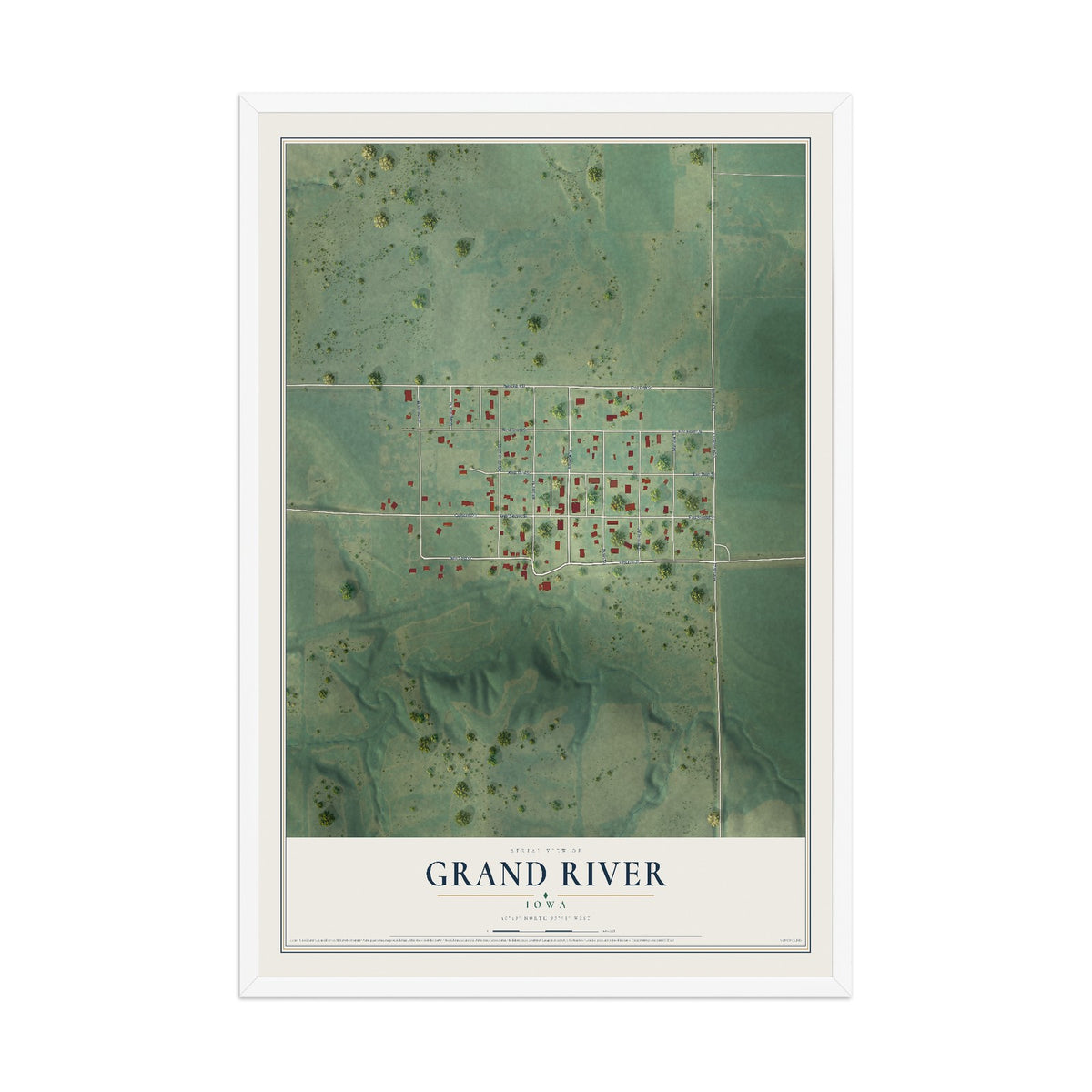 Map of Grand River, Iowa, 12 x 18 inch print in a white wood frame