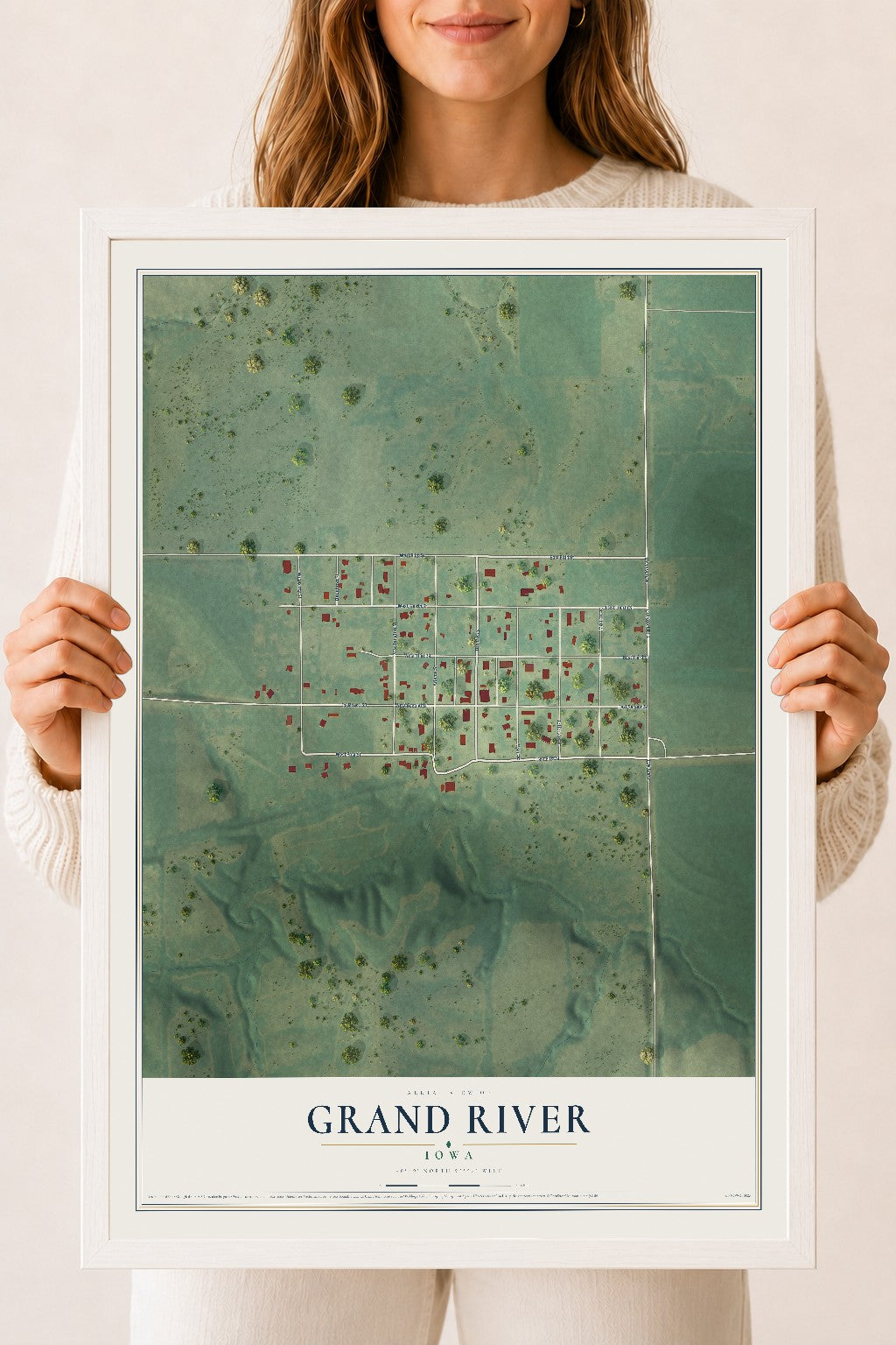 Map of Grand River, Iowa, 18 x 24 inch print in a white wood frame