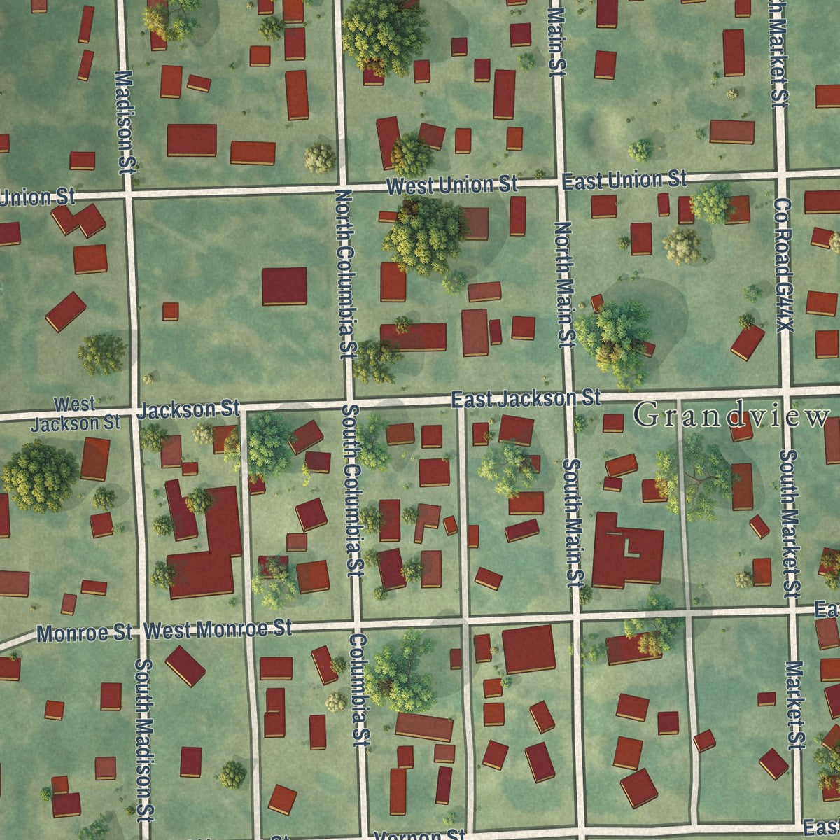 Close-up of the map of Grandview, Iowa print showing street and building detail