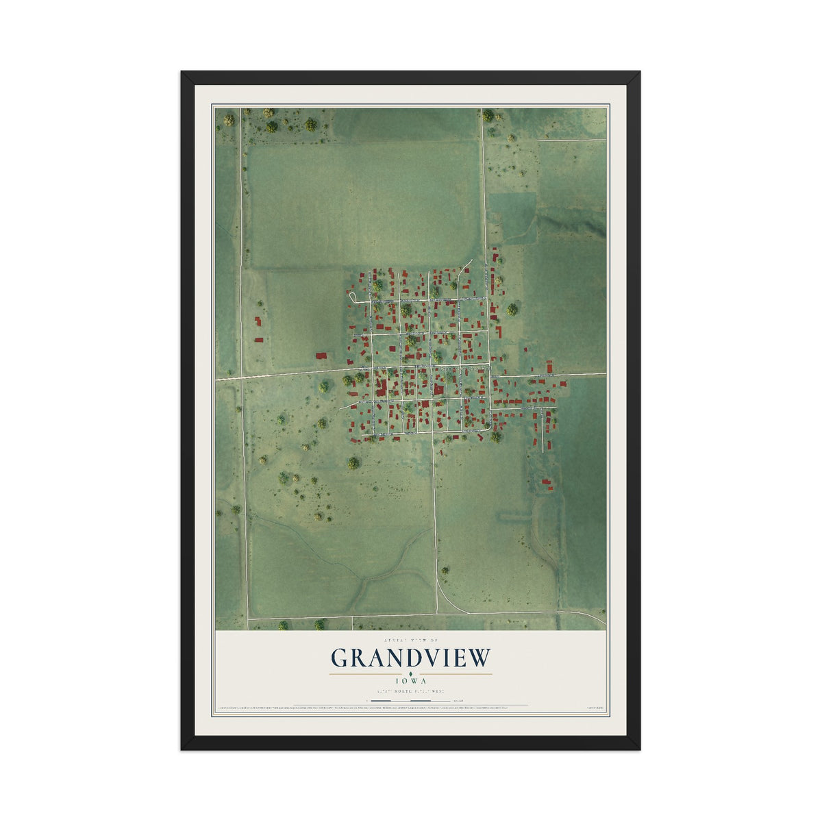 Map of Grandview, Iowa, 12 x 18 inch print in a black wood frame