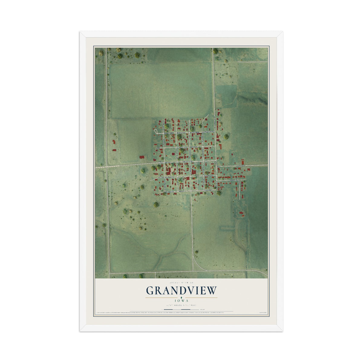 Map of Grandview, Iowa, 12 x 18 inch print in a white wood frame