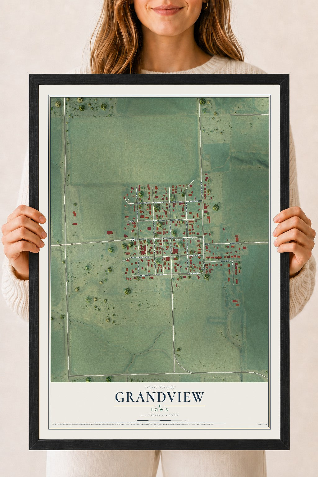 Map of Grandview, Iowa, 18 x 24 inch print in a black wood frame