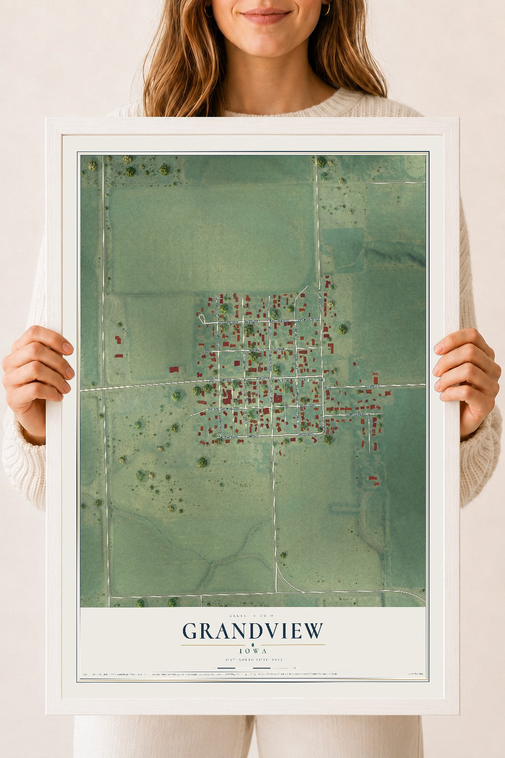 Map of Grandview, Iowa, 18 x 24 inch print in a white wood frame