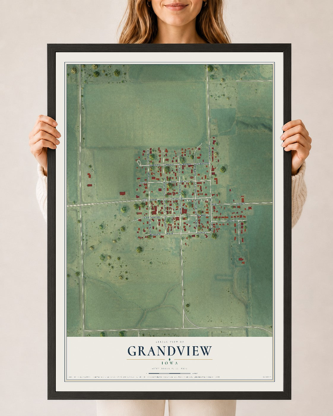 Map of Grandview, Iowa, 24 x 36 inch print in a black wood frame