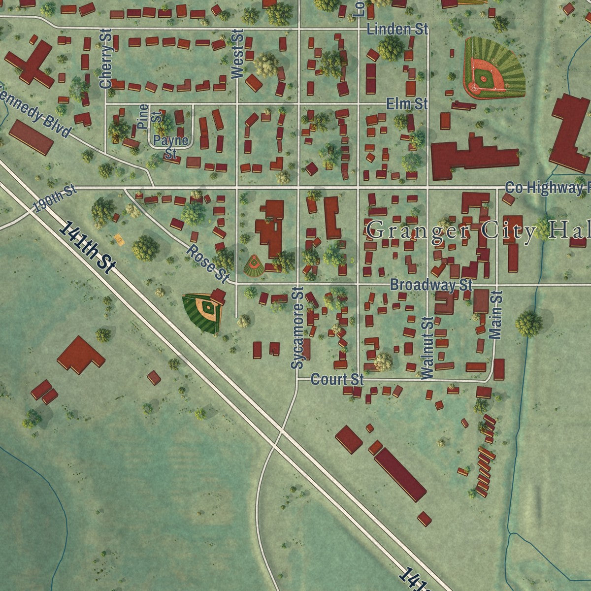 Close-up of the map of Granger, Iowa print showing street and building detail