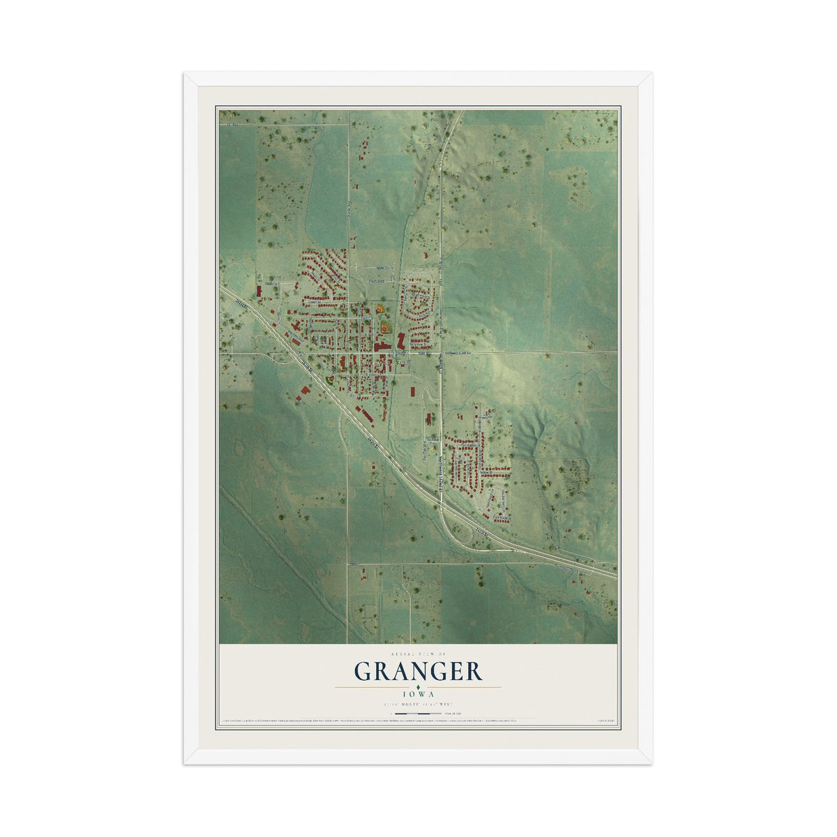 Map of Granger, Iowa, 12 x 18 inch print in a white wood frame