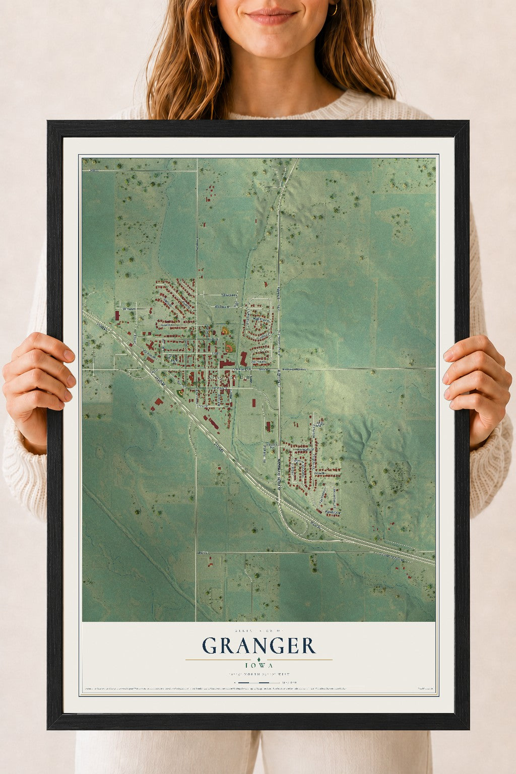 Map of Granger, Iowa, 18 x 24 inch print in a black wood frame