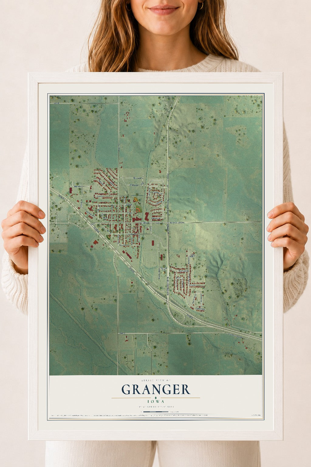 Map of Granger, Iowa, 18 x 24 inch print in a white wood frame