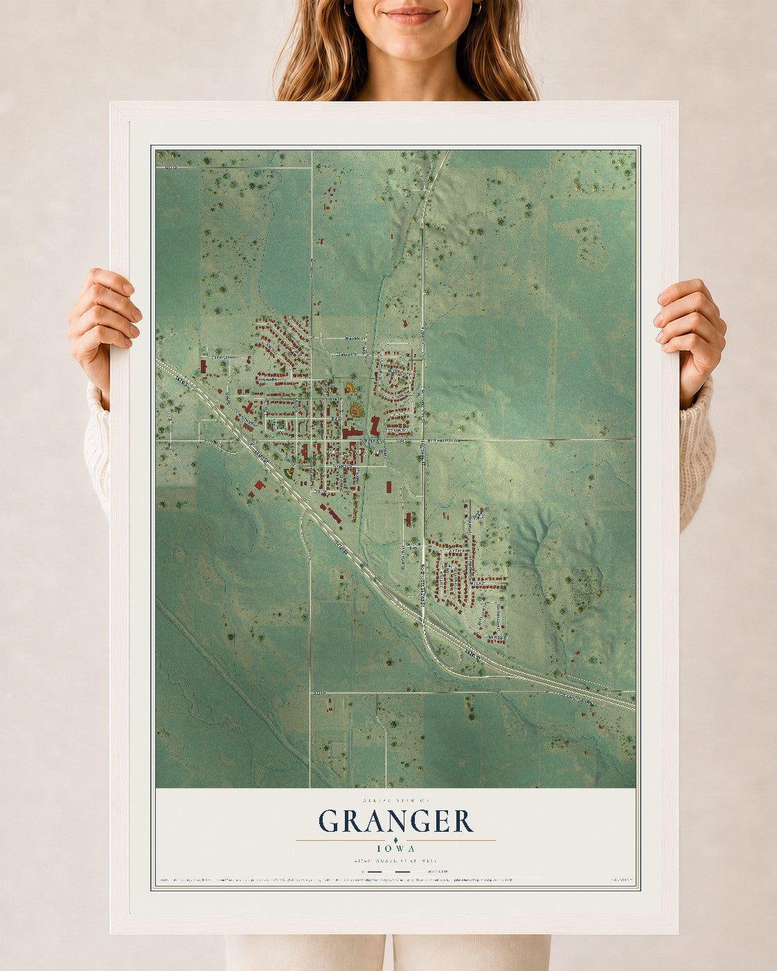 Map of Granger, Iowa, 24 x 36 inch print in a white wood frame