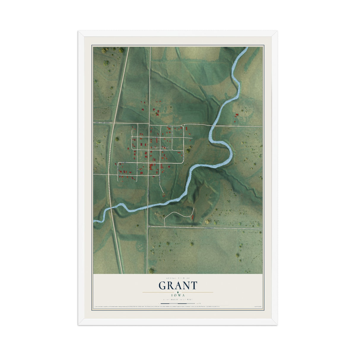Map of Grant, Iowa, 12 x 18 inch print in a white wood frame