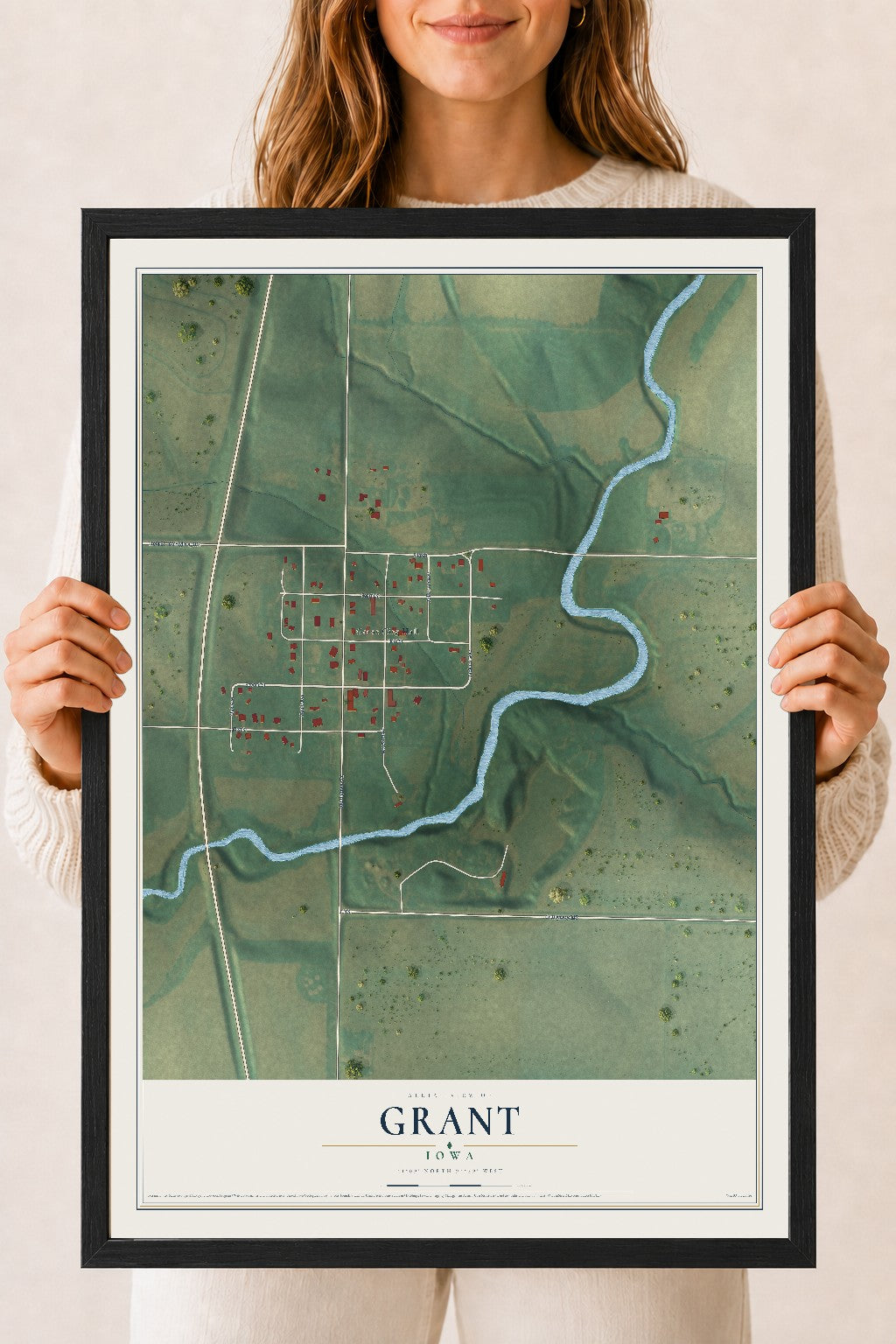 Map of Grant, Iowa, 18 x 24 inch print in a black wood frame