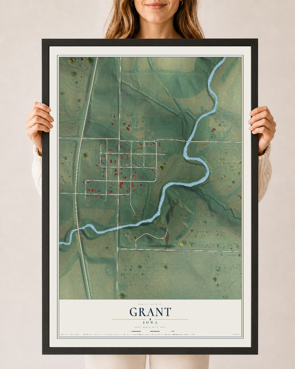 Map of Grant, Iowa, 24 x 36 inch print in a black wood frame