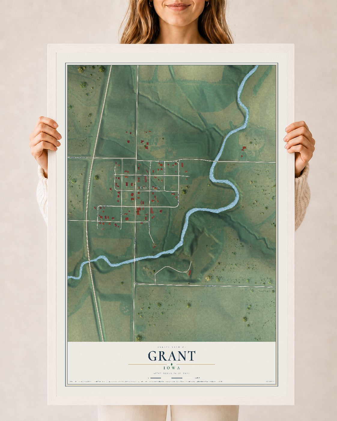 Map of Grant, Iowa, 24 x 36 inch print in a white wood frame