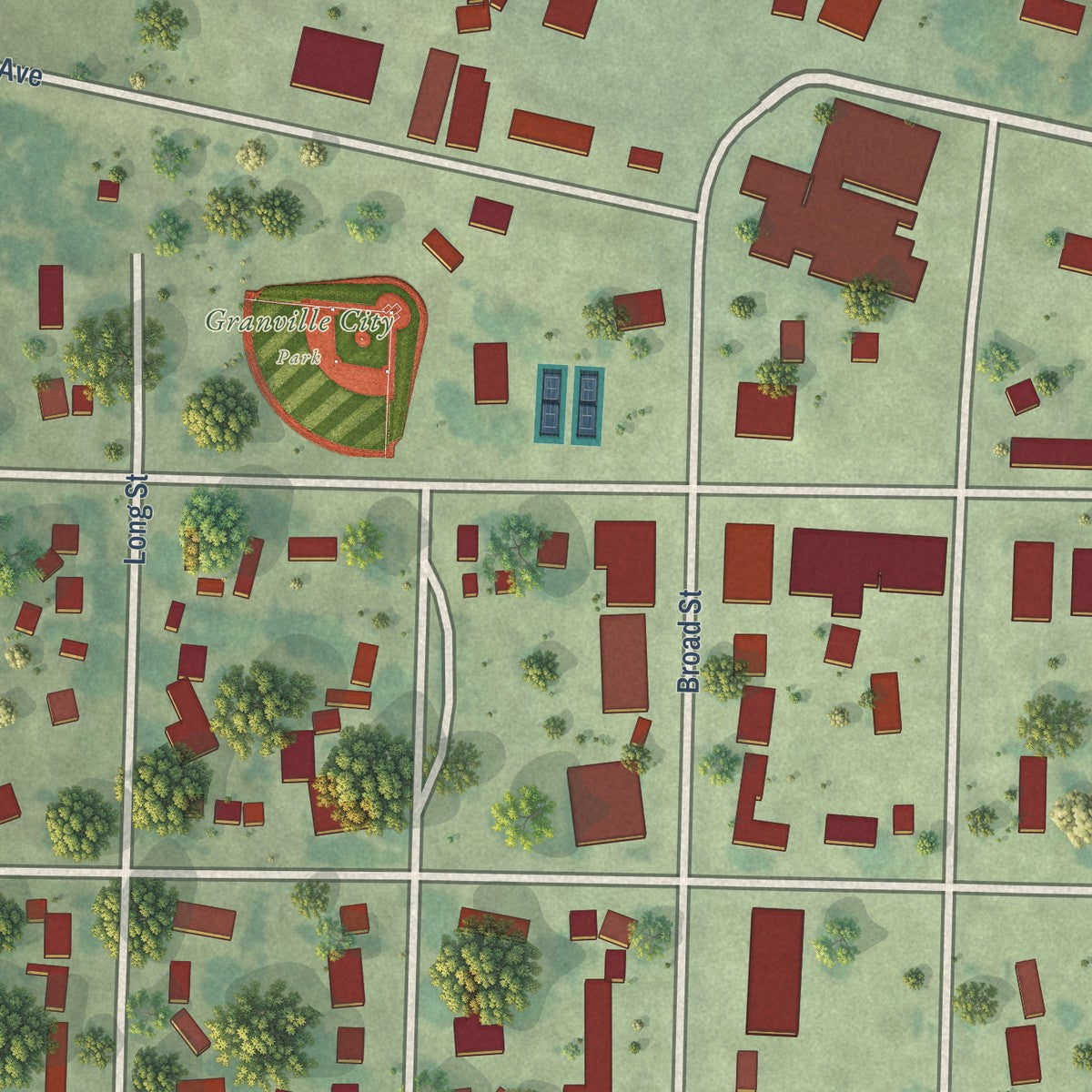 Close-up of the map of Granville, Iowa print showing street and building detail