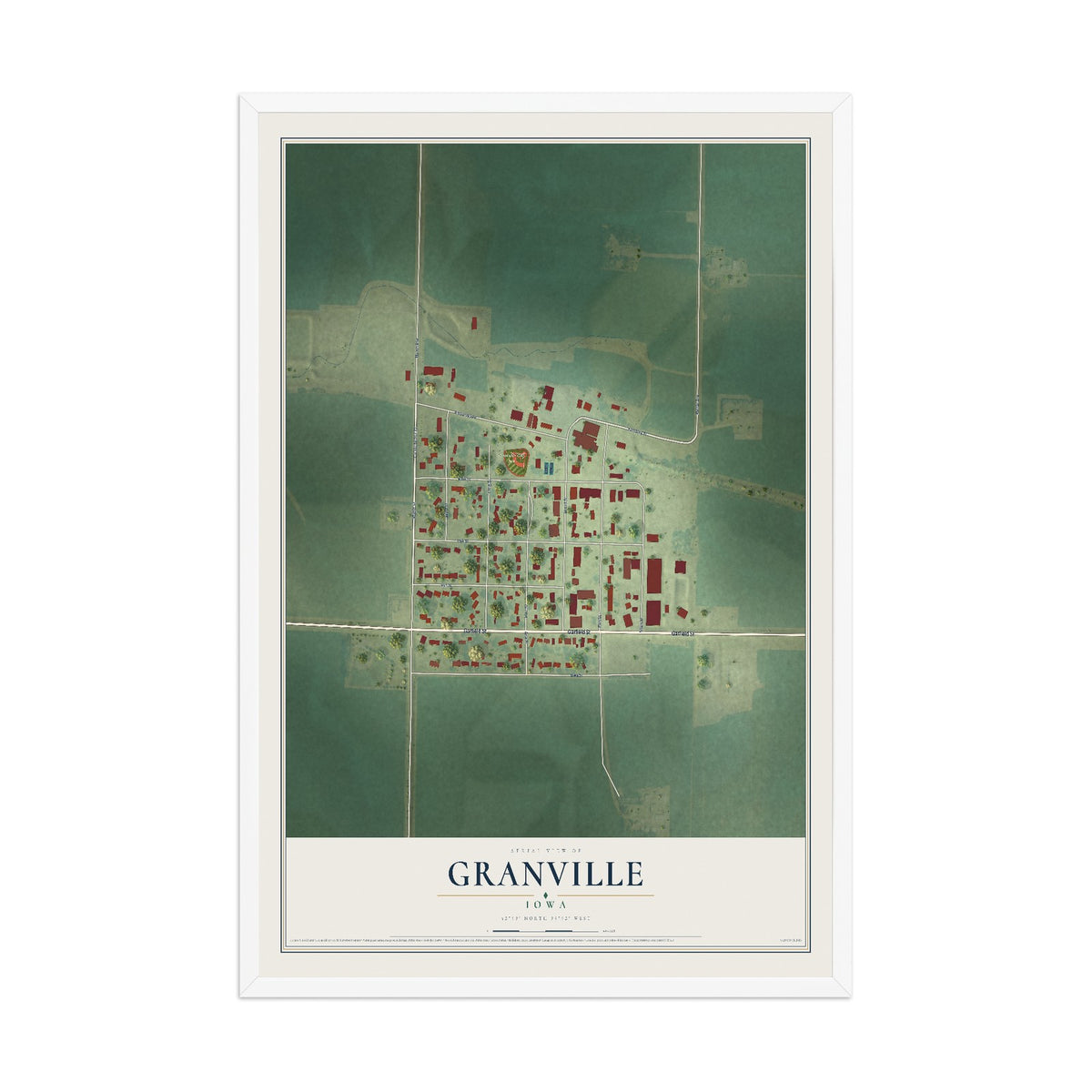 Map of Granville, Iowa, 12 x 18 inch print in a white wood frame