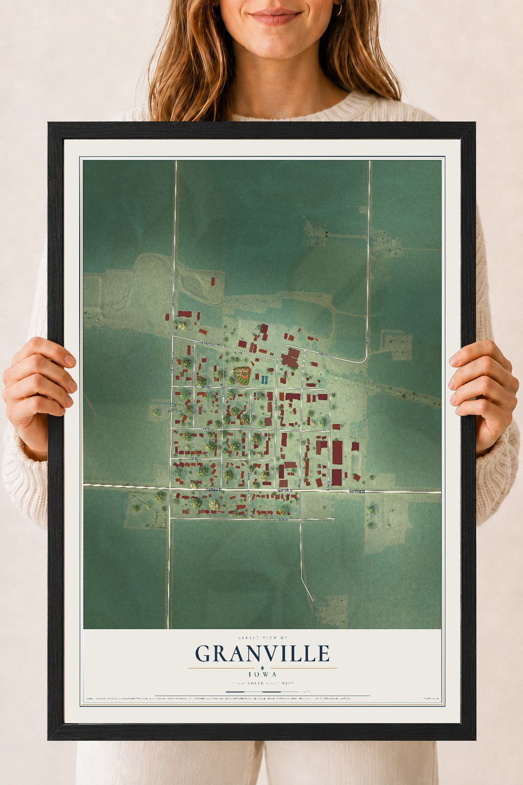Map of Granville, Iowa, 18 x 24 inch print in a black wood frame